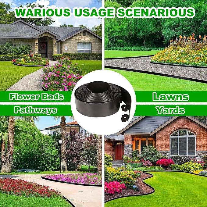 JERIA 4 Inch Tall 33 FT Garden Edging Kit with 45pcs Spikes, Plastic Edging for Landscaping