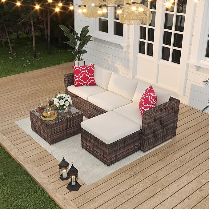 GAOMON Patio Furniture Sets 5 Pieces, PE Wicker Modern Patio Conversation Set with Storage Cushions for Poolside, Deck, Balcony (Brown/Beige)
