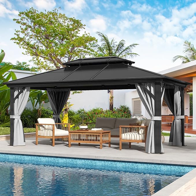 DWVO 12x16FT Gazebo Double Roof Canopy Outdoor Hardtop with Netting and Shaded Curtains, Aluminum Frame Polycarbonate Hardtop Garden Tent for Patio, Backyard, Deck and Lawns, Gray