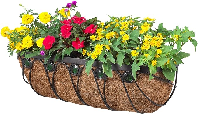 Arcadia Garden Products Hanging Window Basket Metal Trough Flower Planter with Coco Liner for Outdoor Windowsill, Railing, Patio, Garden, Balcony, Fence, 36-inch