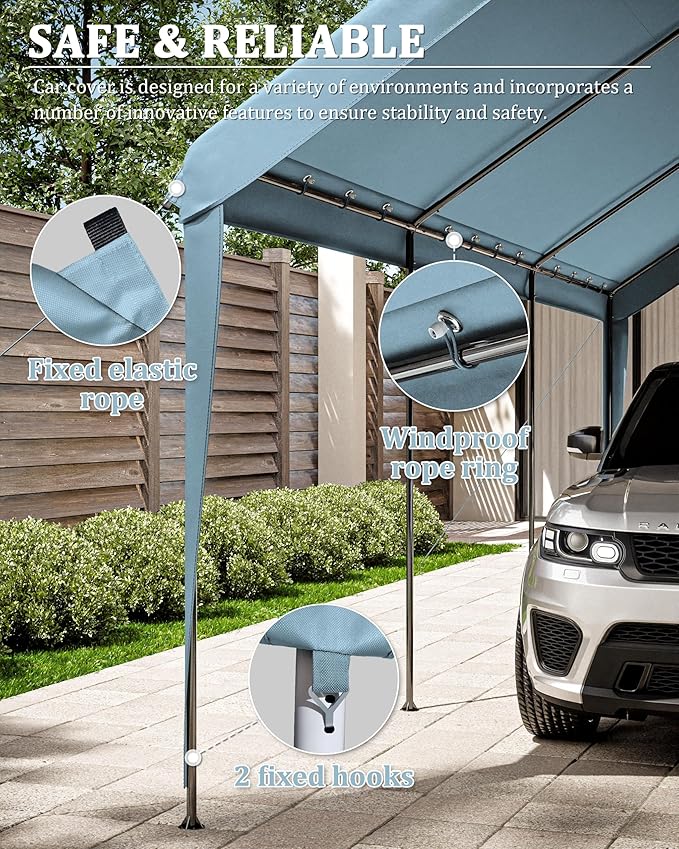 10 X 20 Ft Canopy Replacement Cover Heavy Duty Waterproof UV & Tear Resistant Car Tarp Canopy Tent Garage Top Shelter Oxford Cover with Ball Bungees (Frame is Not Included)