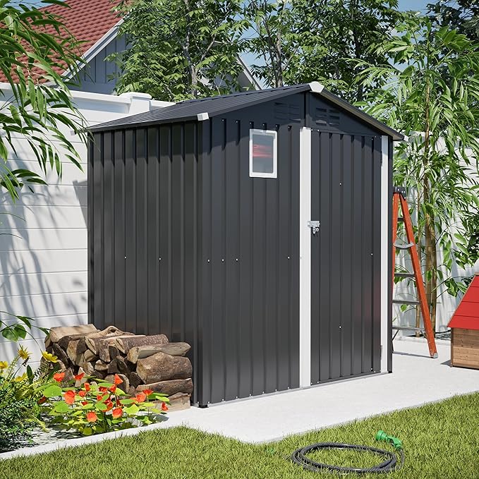 YOPTO 6x4 FT Outdoor Storage Shed,Metal Shed with Window,Garden Shed W/Dual Air Vents & Lockable Sliding Door,All Weather Waterproof Tool House W/Sloped Roof,for Patio,Yard,Lawn,Black