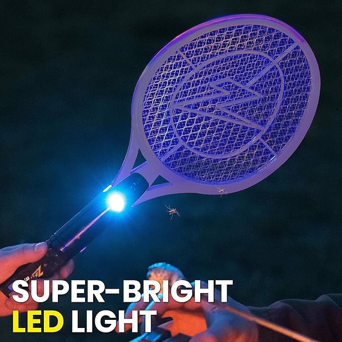 ZAP IT! Rechargeable Electric Fly Swatter Racket - 4,000-Volt Mosquito Zapper with USB Charging and LED Light - Large - Safe 3-Layer Mesh Bug Zapper Racquet for Indoors and Outdoors - Yellow