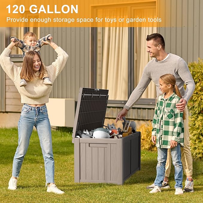 120 Gallon Outdoor Storage Box - Waterproof Resin Deck Box with Stainless Steel Rods - Lockable & UV Resistant Storage Bin for Patio Cushions & Garden Tools - Stylish Grey Design