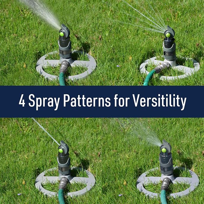 Impact Sprinklers for Yard, Garden, and Large Areas - Rotating Pulsating Lawn Sprinkler with Adjustable 360 Degree Rotating Head, 4 Spray Patterns, and Heavy Duty Metal Base by Kings County Tools