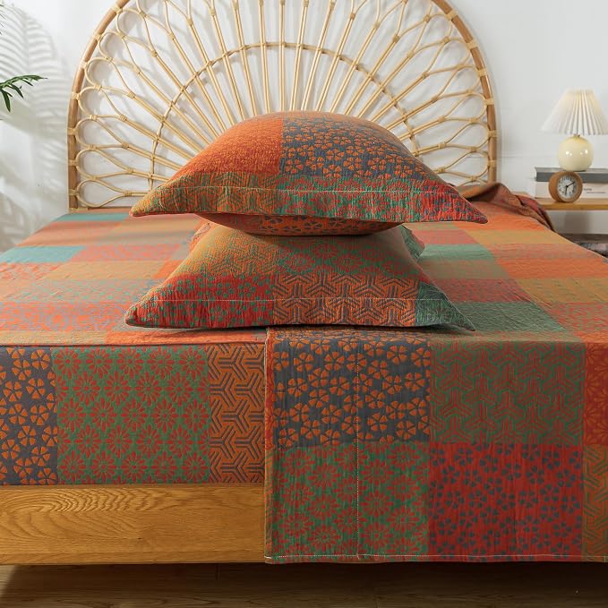 FADFAY Grid Sheets Set King Vintage Checkered Floral Bedding Shabby Geometry Farmhouse Bedding Super Soft Washed Double -Layer Muslin Sheets 100% Cotton Deep Pocket Fitted Sheet 4Pcs, King Size