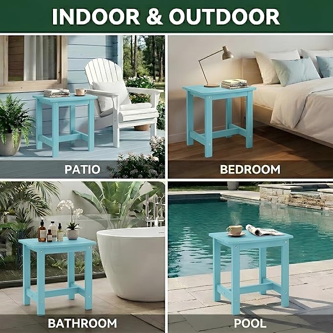 Y&M Outdoor Side Table, HIPS Adirondack Small Single Table, Waterproof Square Outside Table, Balcony Modern End Tables for Patio, Pool, Beach, Porch, Deck, Indoor or Outdoor Use, Light Blue