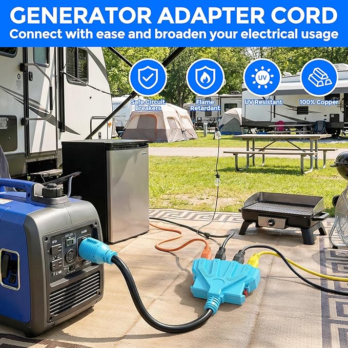 CircleCord 4 Prong 30 Amp to 15 Amp Generator Distribution Adapter with Overload Protector, NEMA L14-30P Male to 4X 5-15R/5-20R T-Blade Female, 10 Gauge 125/250V 7500W
