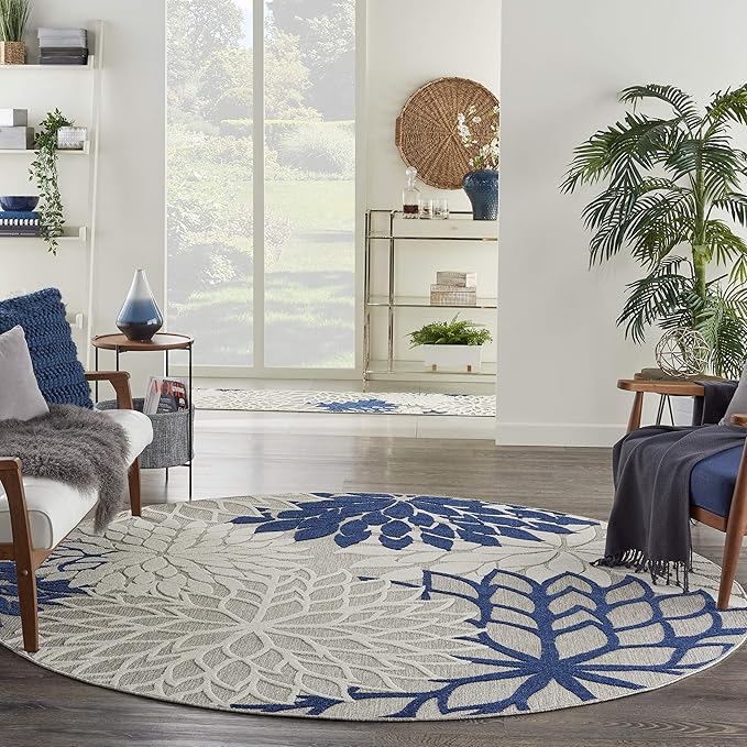 Nourison Home Aloha Ivory Navy 7'10" x Round Area Rug - Easy Clean, Non Shedding, Bed Room, Living Room, Dining Room, Kitchen (8' x Round)