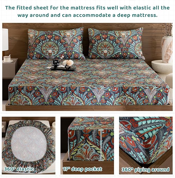 QSH Boho Bed Sheets Queen Size - Bohemian Western Bedding 100% Egyptian Cotton Pattern Sheets Queen Size Bed 4pcs Deep Pockets Bed Sheets
