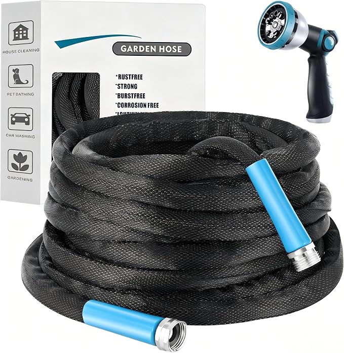 100FT Black Garden Hose, Lightweight No Kink Water Hose with 10 Function Spray Nozzle, 3/4 Inch Rust-Proof Aluminum Leak-Proof Connector for Yard Garden RV Outdoor Watering