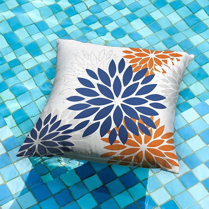 DFXSZ Blue Orange Outdoor Flower Pillow Covers 18x18 Inch Set of 2 White Colored Throw Pillows Outdoor Waterproof Decor for Living Room Sofa Patio Funiture Garden Floral Polyester pillow covers 002C18