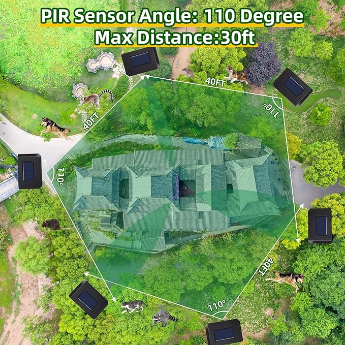 2026 Upgraded Solar Ultrasonic Animal Repellent Deer Deterrent Outdoor Motion Activated with Flash Light Repeller Keep Cat Squirrel Dog Raccoon Skunk Rabbit Away from Yard Garden Lawn 4 Pack