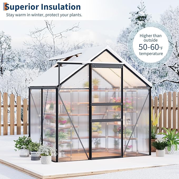 6x4FT Greenhouse for Outdoors, Walk-in Polycarbonate Greenhouse with Sliding Door, Adjustable Roof Vent & Gutter System, Portable Outdoor Green House Kit for Winter Gardening