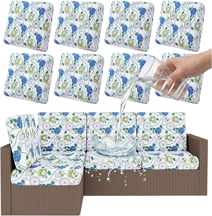 Smiry Waterproof Patio Cushion Covers, Stretch Outdoor Couch Slipcovers Replacement Washable Furniture Protector Sofa Chair Seat Cover for Dogs and Pets (8 Pcs, Light Green)
