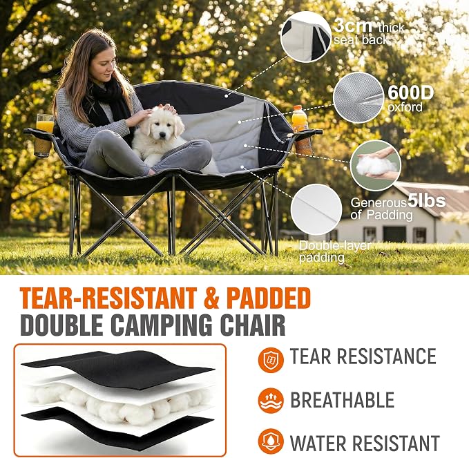 SunSettler Oversized Double Camping Chairs, Folding Camping Loveseat, Double Camp Couch for Beach Days, Soccer Games, Tailgating