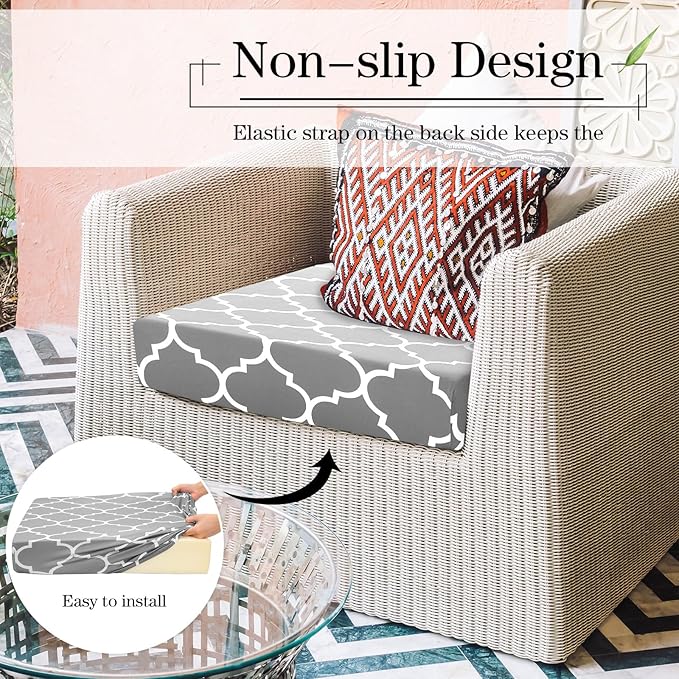 Newwiee 4 Pcs Waterproof Outdoor Cushion Covers for Patio Furniture Stretch Outdoor Couch Cushion Covers Replacement Moroccan Pattern Chair Seat Sofa Slipcovers Soft Flexibility Protector(Gray)