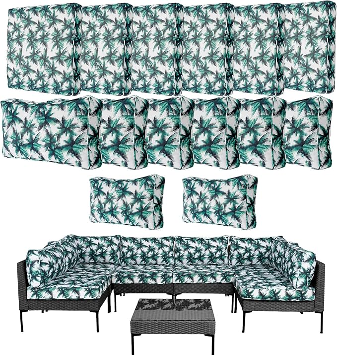 14Pcs Outdoor Cushion Covers Replacement Washable Waterproof UV w/Zipper for 6-Seaters Sofa Patio Slipcovers Set Seat and Back Covers Only (Palm Leaf, 25.6x25.6inch)