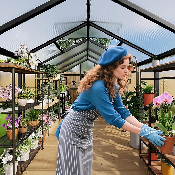 8x12 FT Greenhouse for Outdoors, Polycarbonate Greenhouse with Roof Vent, Ground Nails, Lockable Push Door, Aluminum Large Walk-in Green House for Outside Garden Backyard, Patio, Lawn, Black