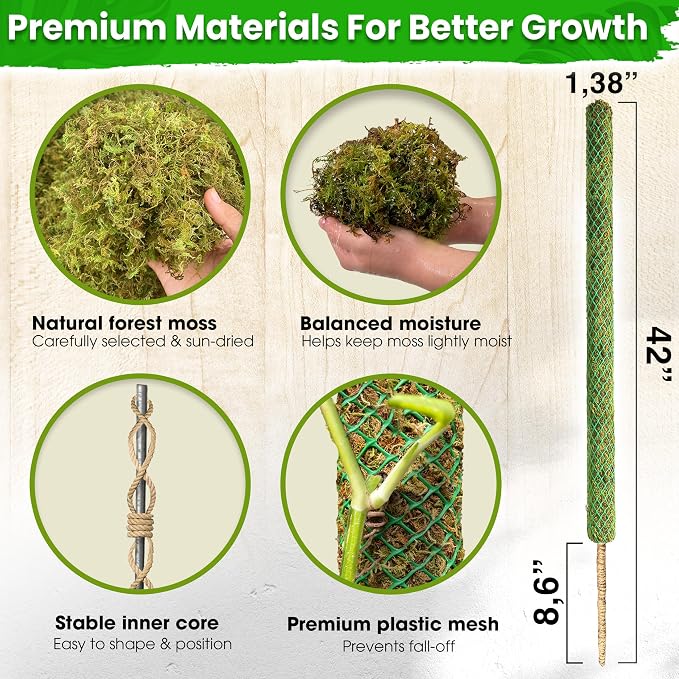 DUSPRO 42’’ Mesh Moss Pole for Climbing Plants, Natural Moss Pole Monstera Plant Support, Real Moss Poles for Plants Indoor, Moss Stick for House Plants, Moss Stakes for Climbing Plants
