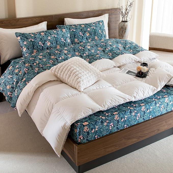 QSH Floral Egyptian Cotton Sheets Queen Size - Elegant Botanical Pattern Printed Bedding Sheets Queen Size Bed Extra Soft and Breathable 4pcs Deep Pockets Bed Sheets