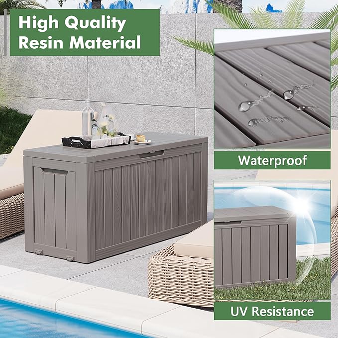 LHBGO 80 Gallon Deck Box Large Outdoor Storage Boxfor Patio Furniture,Outdoor Cushions, Garden Tools, Sports Equipment and Pool Supplies, Waterproof, Resin, Lockable