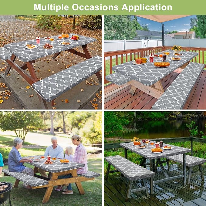 Picnic Table Cover with Bench Covers Camping Essentials Waterproof Windproof Camping Tablecloth with Drawstring Bag, Fitted Rectangle Tables and Seats, 96in, Grey