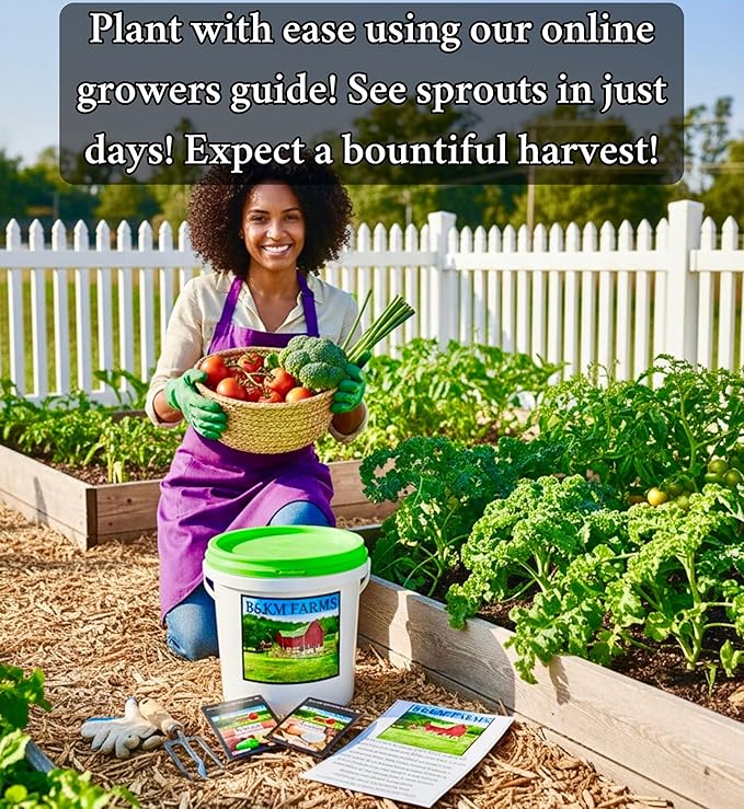 B&KM Farms 25,000+ Heirloom Vegetable Seed Vault - 40 Non-GMO Varieties for Home Gardening & Food Security - Long-Term Mylar Storage in Weather-Resistant Reusable Pail - Made in USA