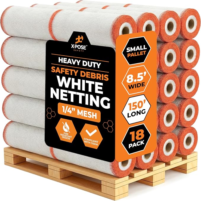 Xpose Safety Construction Safety Netting – 8.5' x 150', 1/4" Mesh Scaffold Safety Net, Temporary Material Roll, Visibility Fence, Heavy-Duty Fire Retardant, White (18-Pack)