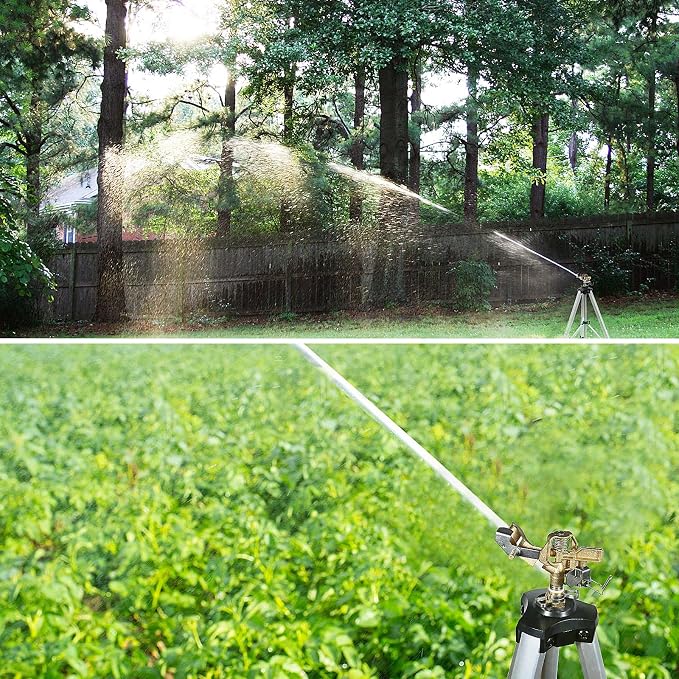 YAMATIC Tripod Impact Sprinkler for Yard Large Area, Heavy Duty Metal Lawn and Garden Sprinkler, 18"-36" Adjustable Height, 20°-360° Rotation Control, 3/4" Brass Quick Connect for Garden Hose, 1 Pack