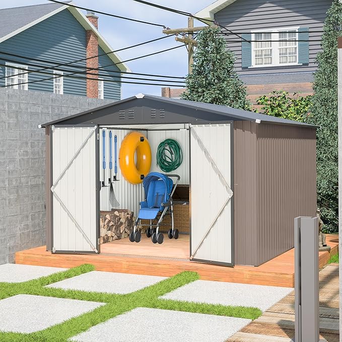 YOPTO 10 x 10 FT Outdoor Storage Shed,Heavy Duty Tool Sheds Metal Storage Garden Shed with Sloped Roof and Lockable Doors,Large Metal Storage Sheds for Backyard Patio Lawn, Brow
