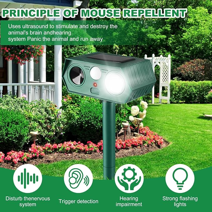 2025 Solar Animal Repellent,Upgraded Ultrasonic Cat Repellent Outdoor,Waterproof Deer Deterrent for Bird Dog Skunk,Squirrels Deterrent with Motion Detection Flash Lights for House B (2 Pack)