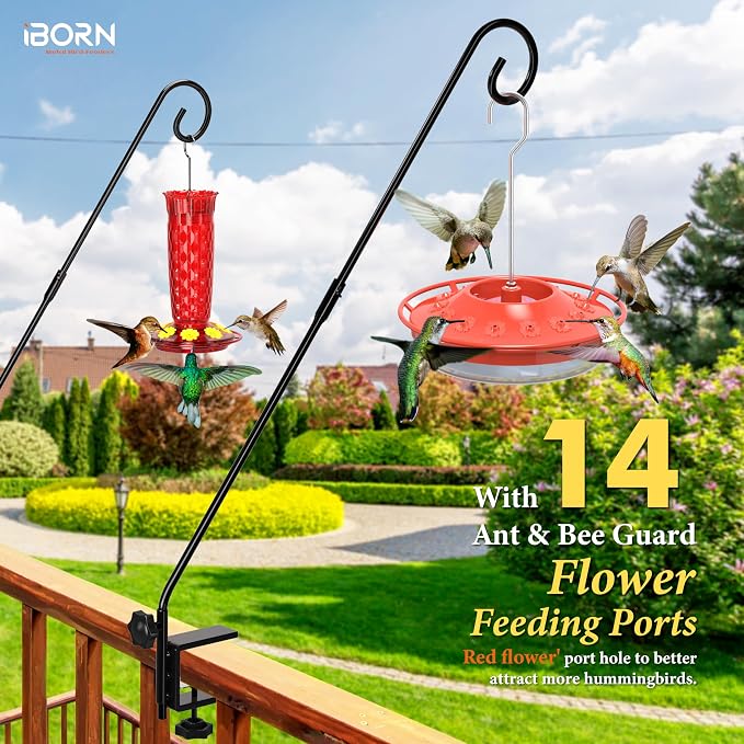 iBorn Fence Deck Hook 28 Inch Railing 180 Degree Rotary 1 Pack + Red Hummingbird Feeder with 14 Bee Guard Ports,13 OZ,2-Pack