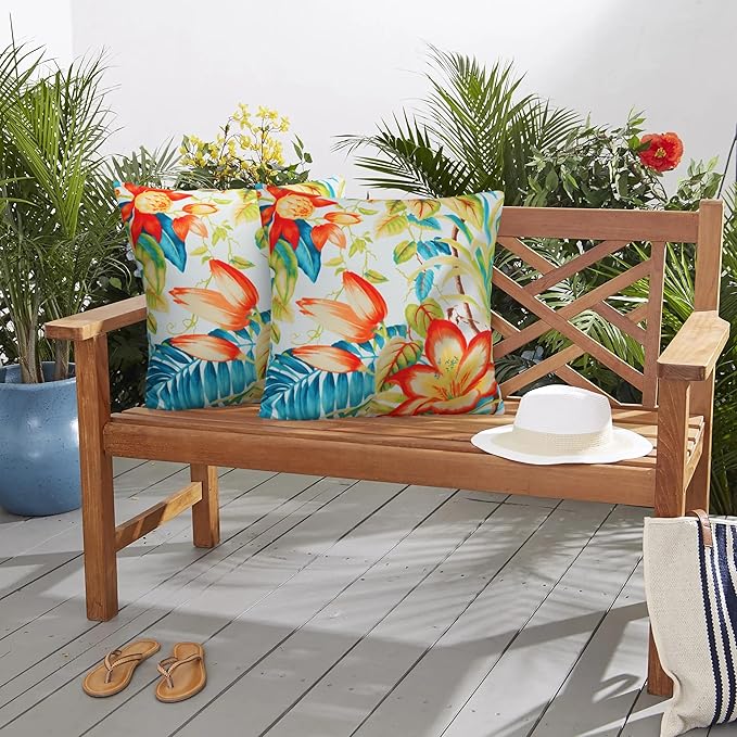 Merrycolor Pack of 2 Outdoor Pillow Covers 18x18 Waterproof Decorative Floral Square Pillowcase Cushion Cases Outdoor Pillows for Patio Furniture Garden Balcony Couch