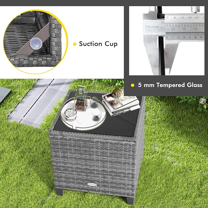 COSTWAY 3-Piece Patio Furniture Set, Outdoor Wicker Rattan Sofa with Cushions, Coffee Table with Tempered Glass, Conversation Sofa Set for Poolside Backyard Balcony (Grey)