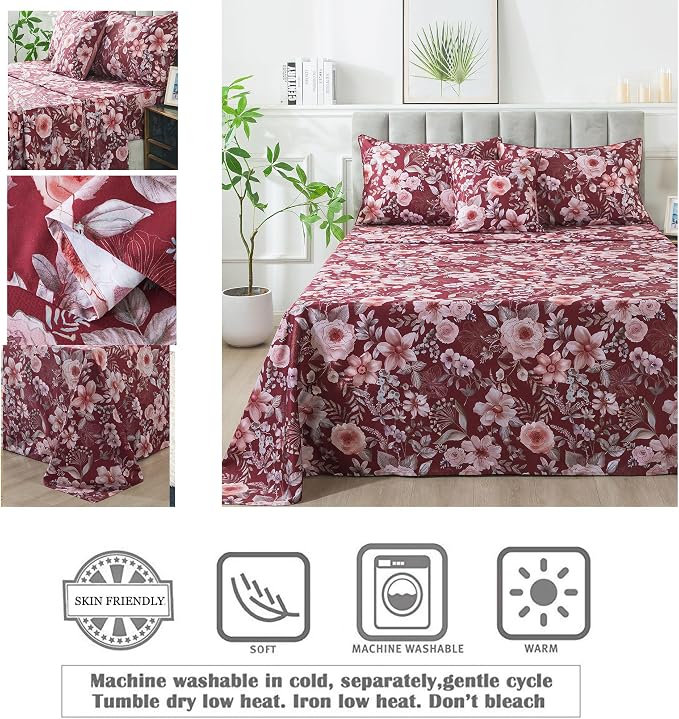 FADFAY Floral Sheets Set Queen Vintage Red Floral Bedding Shabby Pink Rose Elegant Peony Sheets Farmhouse Bedding 800 Thread Count 100% Egyptian Cotton Soft Deep Pocket Fitted Sheet 4Pcs, Queen Size