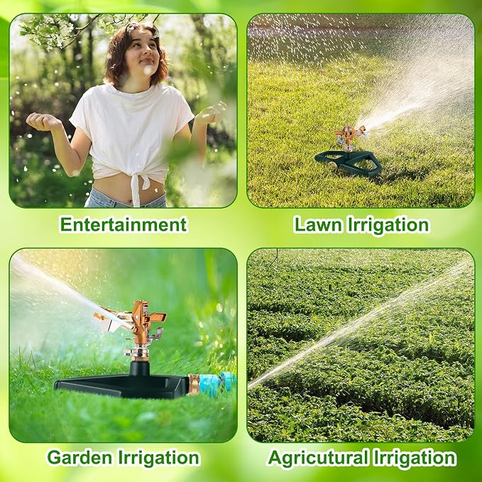 3 Sets Sprinklers for Yard Pulsating Impact Sprinkler with Metal Base Heavy Duty Adjustable Hose for Lawn Large Area Garden(Green)