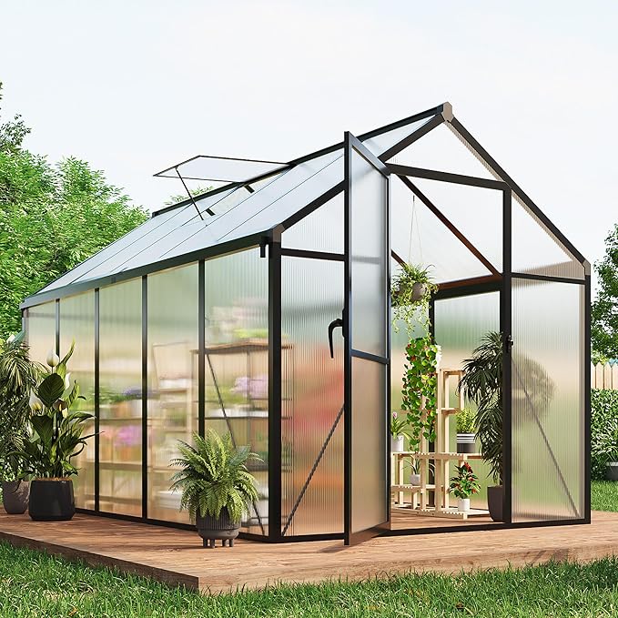 Garvee 6 x 10 ft Greenhouse, Greenhouses for Outside, Polycarbonate Greenhouse with Aluminum Frame, Lockable Door and Ajustable Roof Vent for Backyard, Green Houses for Outside Garden Backyard, Patio