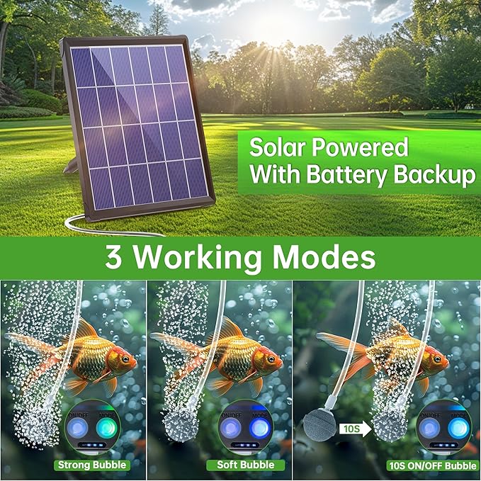Biling Solar Pond Aerator with Battery Backup, Portable Design Solar Air Pump Pond Bubbler for Outdoor Fish Pond Stock Tank Aquarium