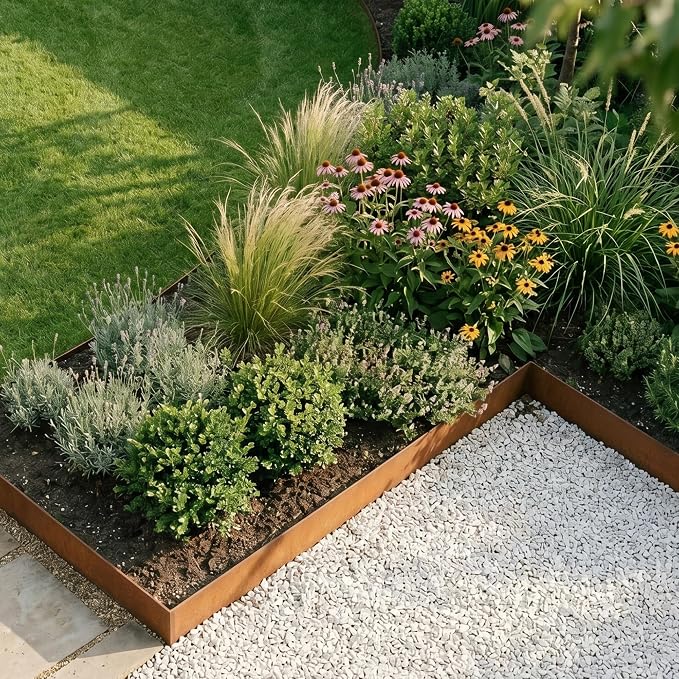 Worth Garden 6 Pack Cor-Ten Steel Landscape Edging w/Rust Patina Finish - 40" L x 8" H Strips - Hammer-in 14-Gauge Metal Corten Edging Border w/ 7 Clips & Gloves - Edge for Lawn Yard (20Ft Total)