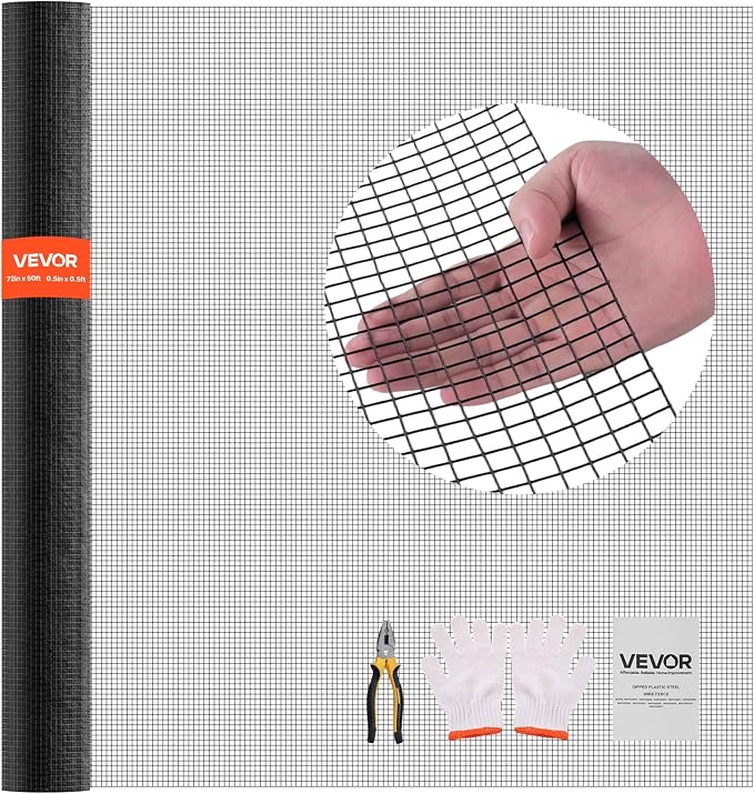 VEVOR Hardware Cloth 72 in x 50 ft, 1/2 in 19 Gauge Galvanized Wire Mesh Roll, Weather-Resistant Vinyl Coated Chicken Wire Fencing, Heavy Duty Welded Garden Plant Fencing for Rabbit Cage Snake Fence