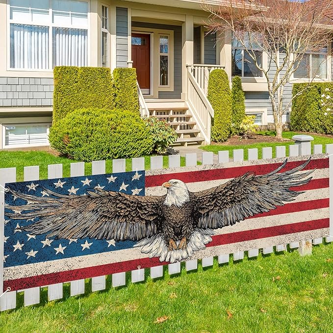 10x3 ft Extra Large Independence Day Eagle Flag Banner Outdoor 115''x35'' Eagle Flag Patriots Banner for Fence Outside Garden Large Flower Banners Yard