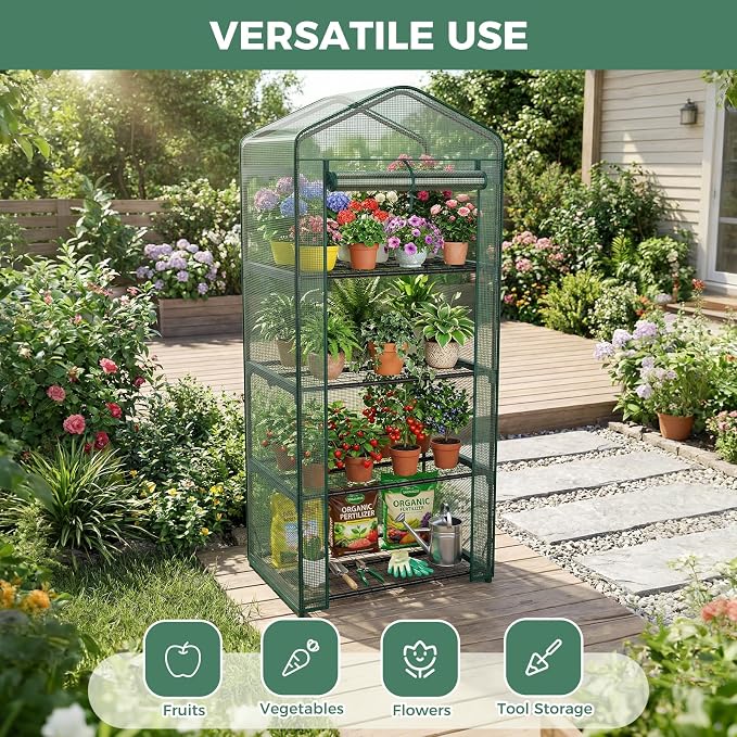 OLIXIS Mini Greenhouse with Durable PE Cover Roll-up Zipper Door, 27"×19"×63" 4 Tier, Small Greenhouse for Outdoors Indoor Balcony, Porch, Garden, Patio, Backyard Green Houses, Green