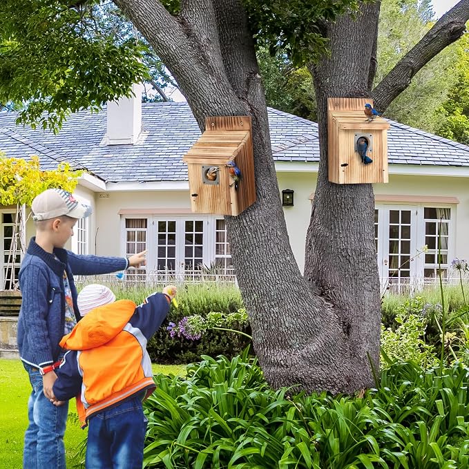 Dreyoo 8 Pack Bluebird Houses for Outside with Metal Predator Guard, 1-1/2" Entrance Hole Wooden Blue Bird Houses for Outdoors, Bluebird Nesting Box with Screwdriver (Burnt Wood Color)