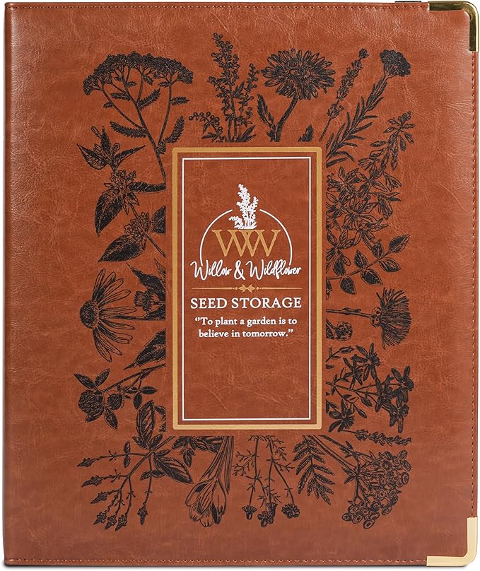 Create-ables Willow and Wildflower Garden Seed Organizer Binder, Seed Storage Organizer, Garden Binder Book for Packet Storage Catalog Can Store 120 Packets with Dibber and Widger (Classic Brown)