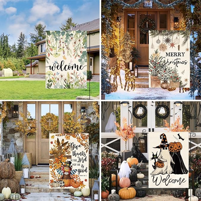 AVOIN colorlife Set of 12 Seasonal Holiday Garden Flag 12x18 Inch Double Sided Outside, Welcome Rustic Farmhouse Yard Outdoor Decoration