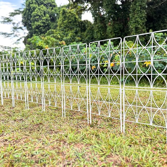 ShopLaLa Animal Barrier Fence (10 Panels) 12.5in(L) x 31in(H) Rustproof Metal Wire Decorative Flower Bed Edging for Landscape with Eclipse Design, Fencing Patio Yard Outdoor Panels Decor White Fence