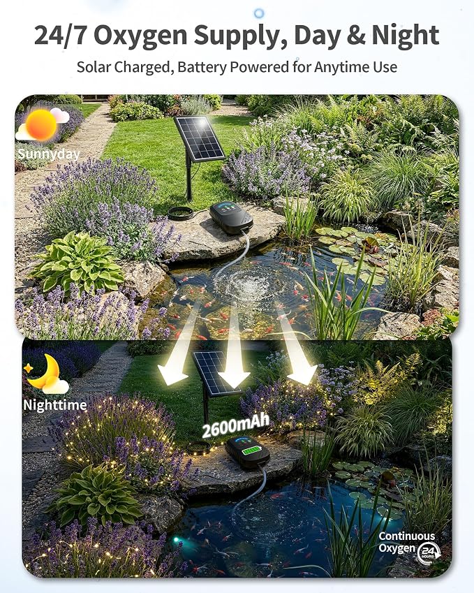 POPOSOAP Solar Pond Aerator, Solar Air Pump with Adjustable Airflow, Quiet Solar Pond Oxygen Pump for Koi Pond, Garden Pond, Fish Tank, Hydroponics