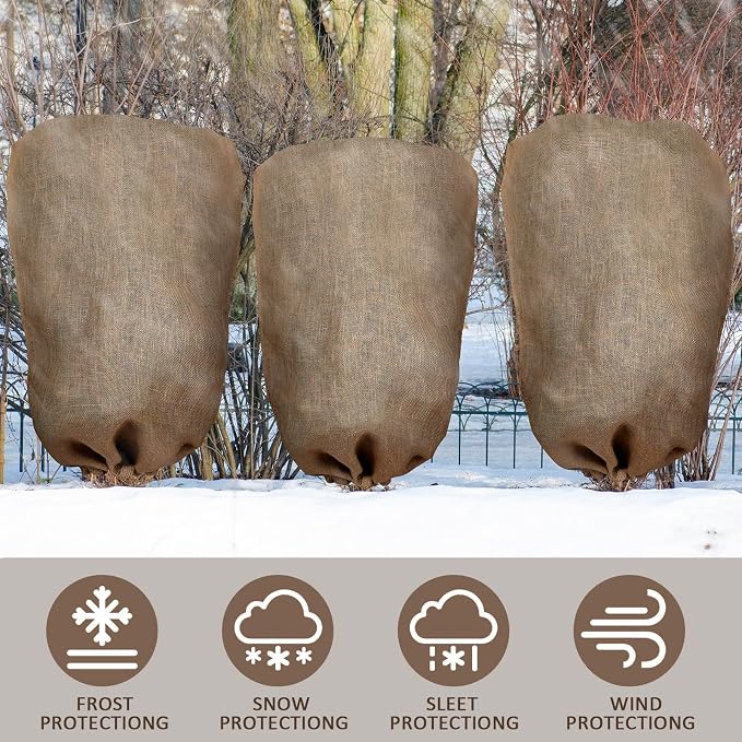 Woanger 8 Pcs 40 x 56 Inch Burlap Winter Plant Cover Bags Reusable Warm Large Plant Frost Protector with Drawstring Freeze Protection Tree Freeze Blanket for Outdoor Garden