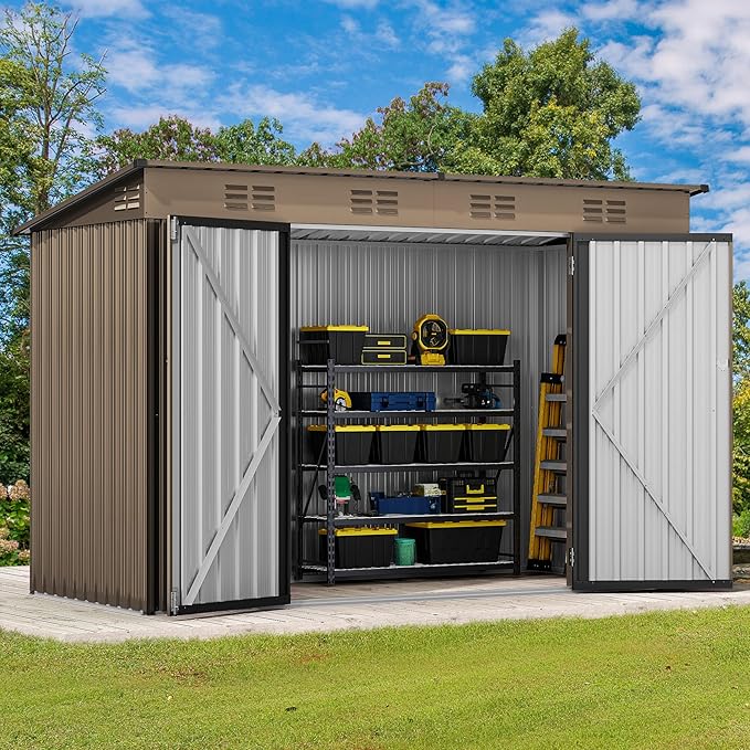 DWVO 9x4ft Large Outdoor Storage Shed, Metal Tool Sheds, Heavy Duty Tool Storage with Lockable Doors & Air Vent for Backyard Patio Lawn to Store Bikes, Tools, Lawnmowers,Brown